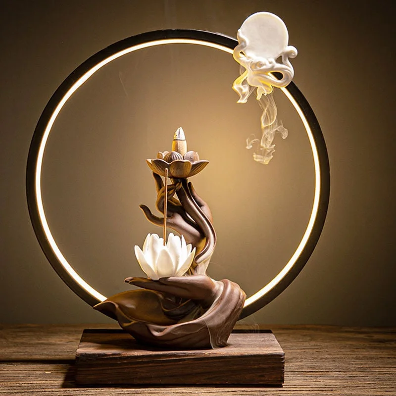 Ceramic Backflow Incense Burner Holder with LED Lamp, Lotus Ring Design, Porch Decoration